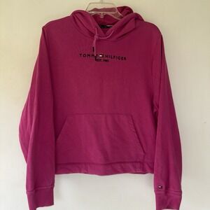 Tommy Hilfiger Embroidered Logo Hoodie Large Pink Pullover Long Sleeve Women's